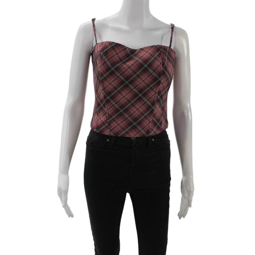 Designer Womens Black Plaid Cropped Camisole Lace-Up Strapless Size M